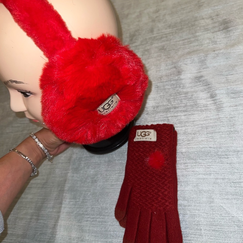 UGG Women's Vibrant Red Earmuffs and Gloves Set - Picture 2 of 3